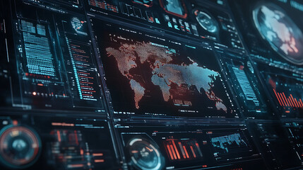 Naklejka premium A futuristic digital interface displays various data visualizations, charts and graphs with the world map in focus on one screen