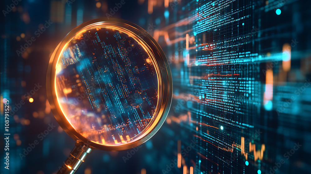 Aufkleber A magnifying glass over digital data, with glowing lines representing financial charts and graphs in the background