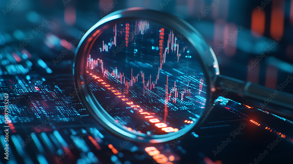Poster A magnifying glass over digital data, with glowing lines representing financial charts and graphs in the background