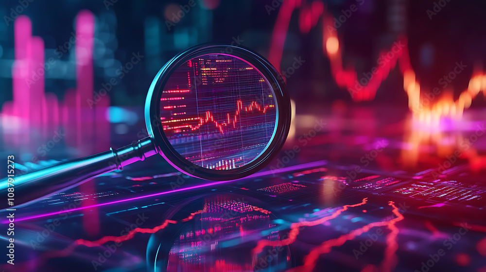 Poster A magnifying glass over digital data, with glowing lines representing financial charts and graphs in the background