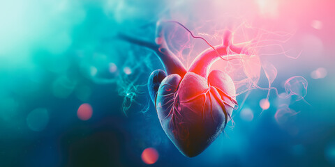 Vivid depiction of a human heart glowing in red and blue tones with intricate veins and arteries, set against a soft bokeh gradient background. Banner with copy space