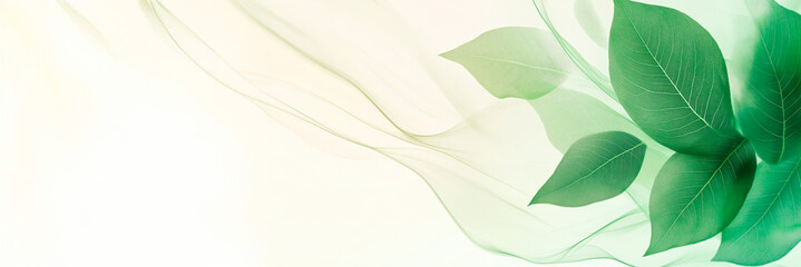 Green leaves with soft flowing lines on a light background. Concept of nature, freshness, eco-friendly design, and minimalistic aesthetics. Banner with copy space