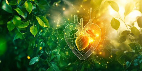 Digital illustration of a glowing human heart surrounded by green leaves and sunlight. Banner with copy space