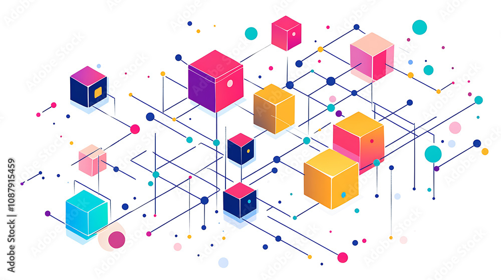 Poster a simple line drawing of an isometric network with colorful blocks and dots connecting them, on a wh