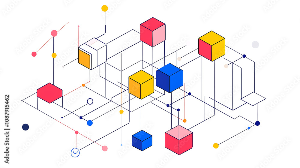 Poster a simple line drawing of an isometric network with colorful blocks and dots connecting them, on a wh