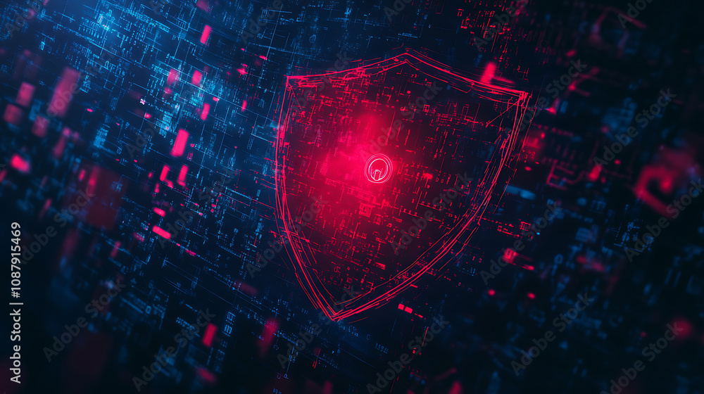 Aufkleber A shield icon surrounded by digital symbols of security, such as locks and data combination on dark blue background with red light effect symbolizing advanced cyber protection technology