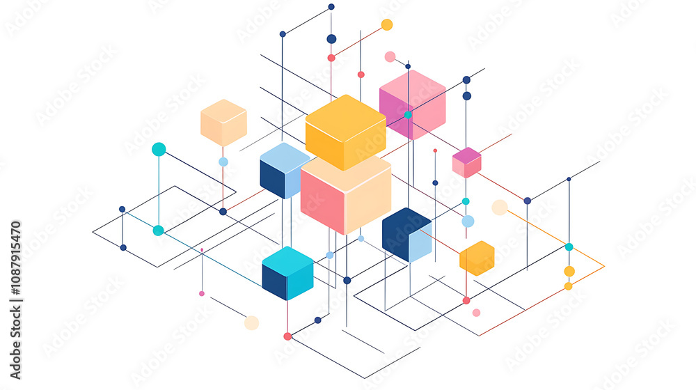 Poster a simple line drawing of an isometric network with colorful blocks and dots connecting them, on a wh