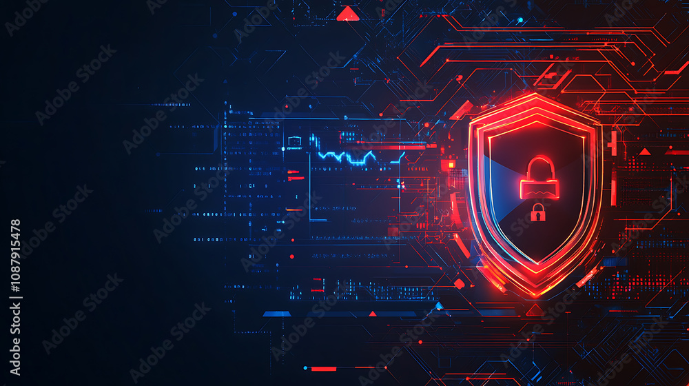 Fototapete A shield icon surrounded by digital symbols of security, such as locks and data combination on dark blue background with red light effect symbolizing advanced cyber protection technology