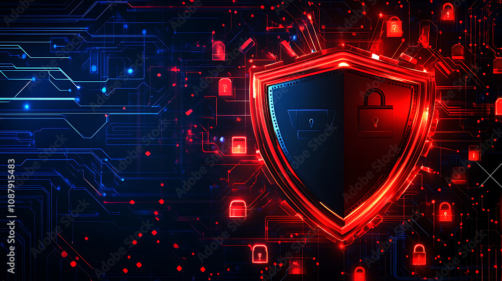Fototapete a shield icon surrounded by digital symbols of security, such as locks and data combination on dark 