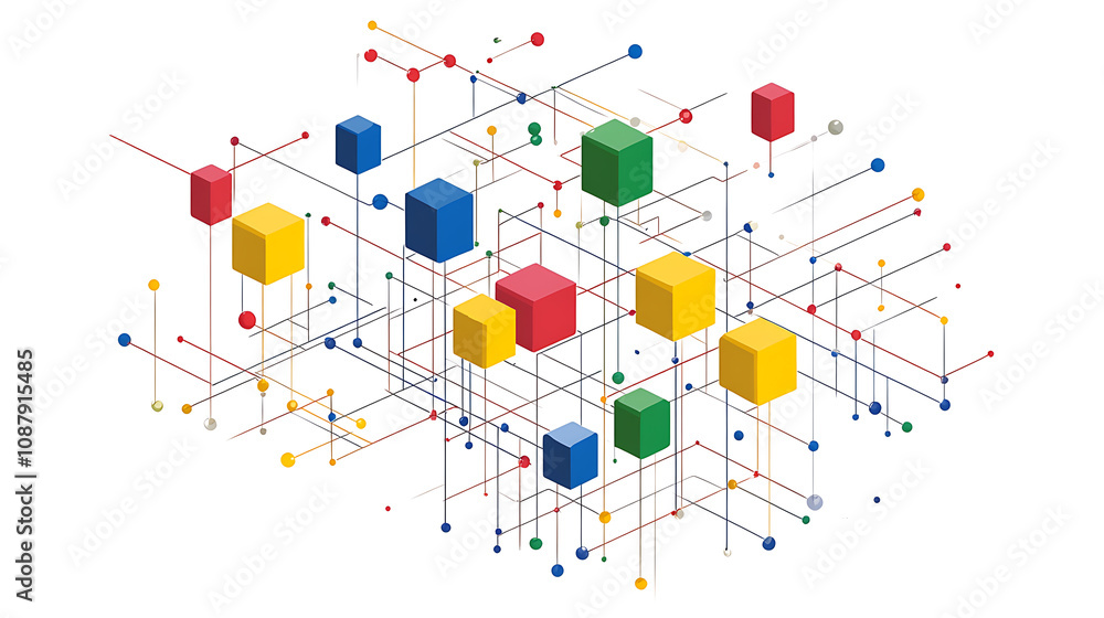 Poster A simple line drawing of an isometric network with colorful blocks and dots connecting them, on a white background
