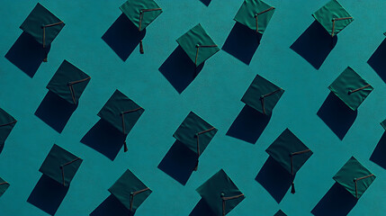 A pattern of dark green graduation caps on a blue background, symbolizing education and the beginning or end of an academic journey