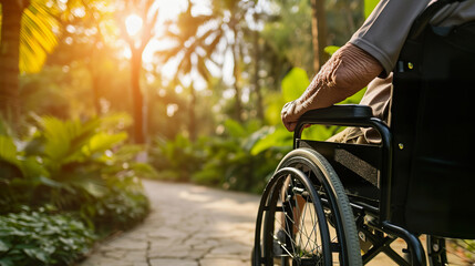 Naklejka premium Senior man in wheelchair enjoying nature in park