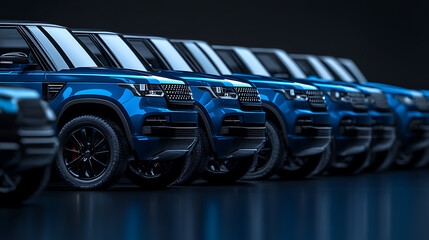 A row of blue SUVs is in position, fleet of standard modern vehicles, Transportation, Fleet of luxury off-road vehicles is made up of generic, nameless vehicles, isolated on black background