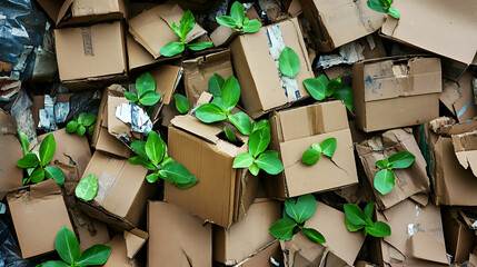 A pile of cardboard boxes, made from natural recyclable materials, is adorned with green sprouting leaves, illustrating eco-friendly packaging and zero waste practices