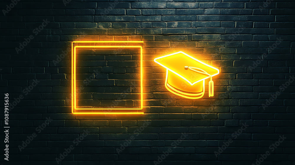 Aufkleber a yellow neon sign with an empty frame on the right side and graduation hat icon isolated against a 