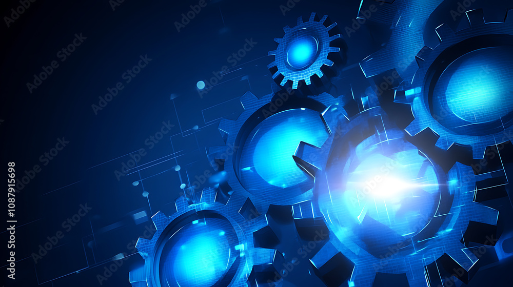 Fototapete Abstract blue gear high-tech background with technology, digital and data elements Digital future tech banner template