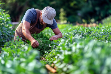 Farmer harvesting fresh organic carrots in a sunny field, surrounded by green leaves and vegetables.