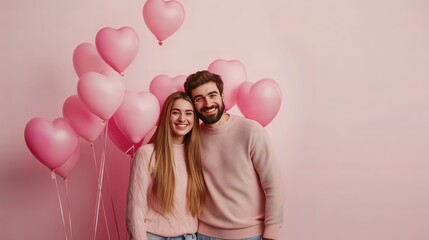Happy couple with heart shaped balloons on pink background. Valentine's Day celebration