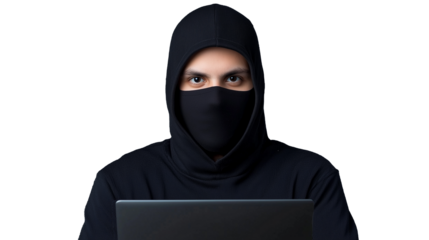 Hooded figure with laptop engaging in cyber activity on transparent background