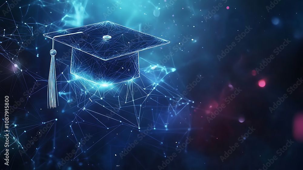 Aufkleber Abstract low poly background with digital data connections and graduation cap on blue dark color background, education concept, technology and online learning symbol