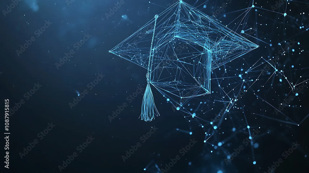 Poster abstract low poly line art with dots and lines in blue creating an illustration of graduation cap on