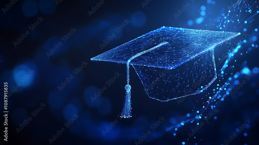 Poster abstract low poly line art with dots and lines in blue creating an illustration of graduation cap on