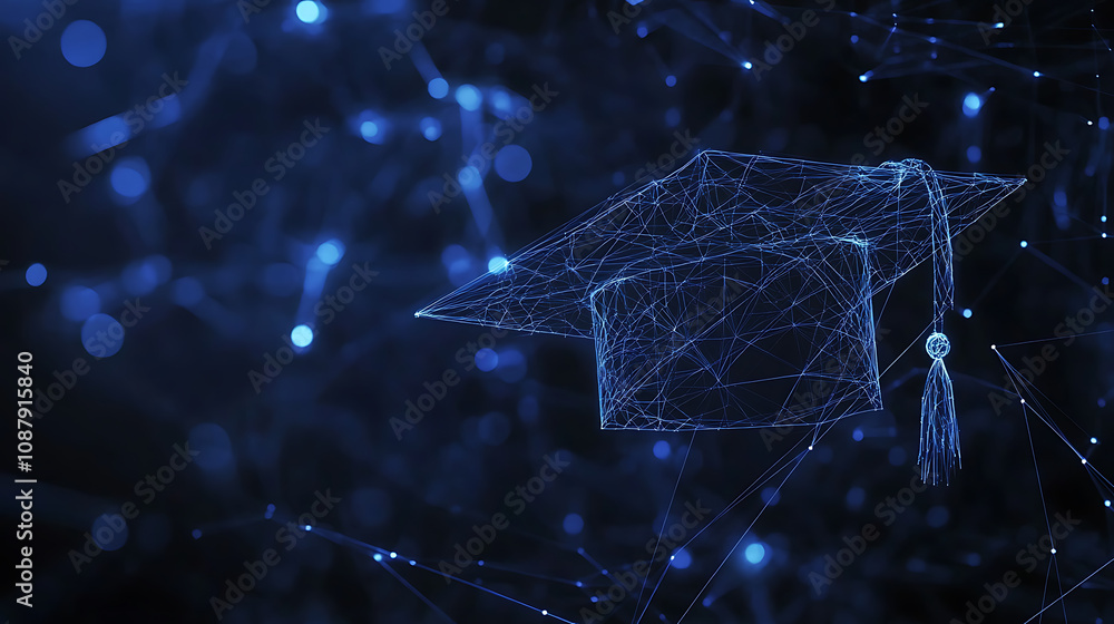 Fototapete Abstract low poly line art with dots and lines in blue creating an illustration of graduation cap on dark background
