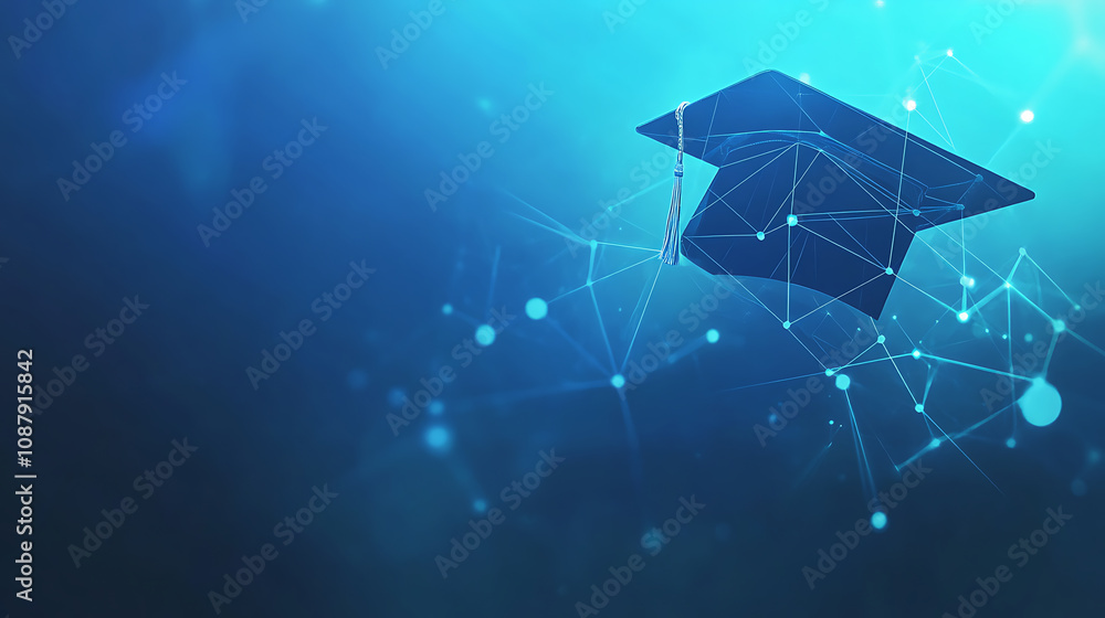 Aufkleber abstract low poly style, modern digital technology background with graduation cap and network connec
