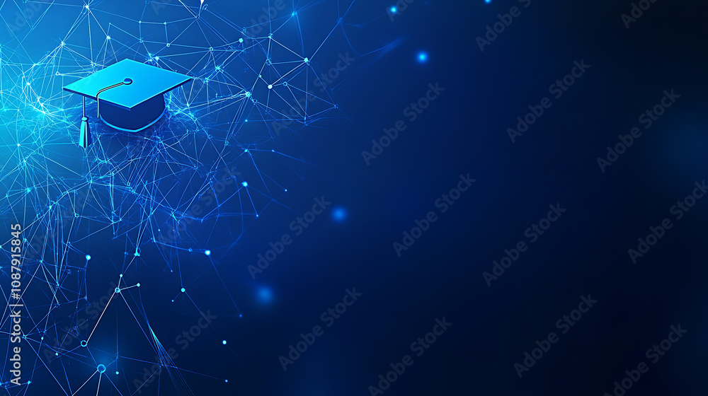 Leinwandbilder abstract low poly style, modern digital technology background with graduation cap and network connec