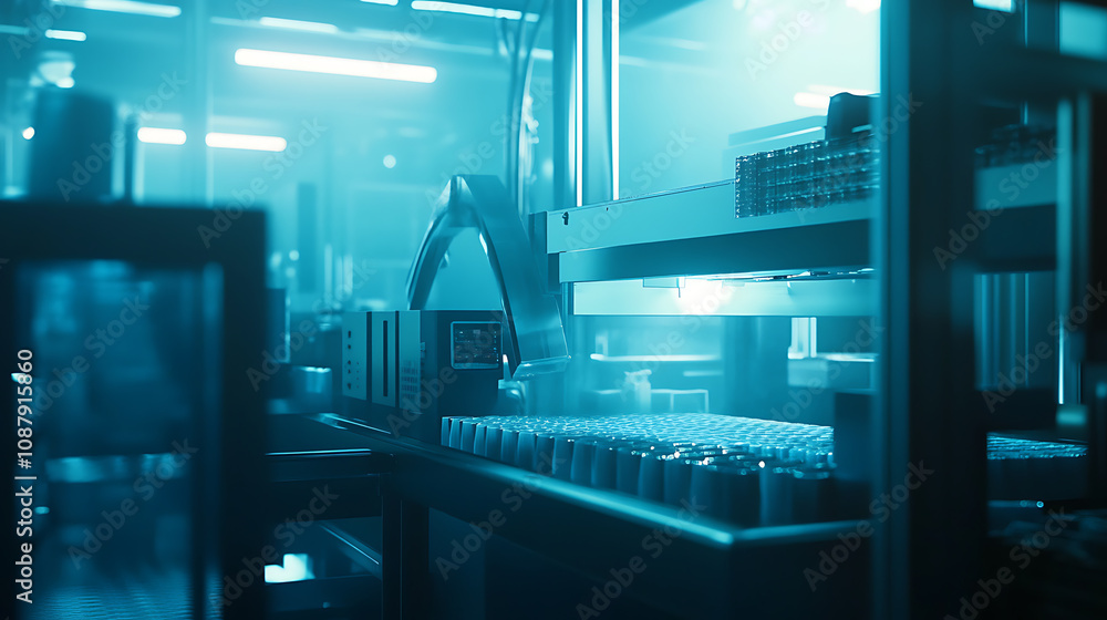 Poster An automated industrial machine for plastic packaging is shown under a light effect, focusing on the automated packaging line for products and food in a light blue scene