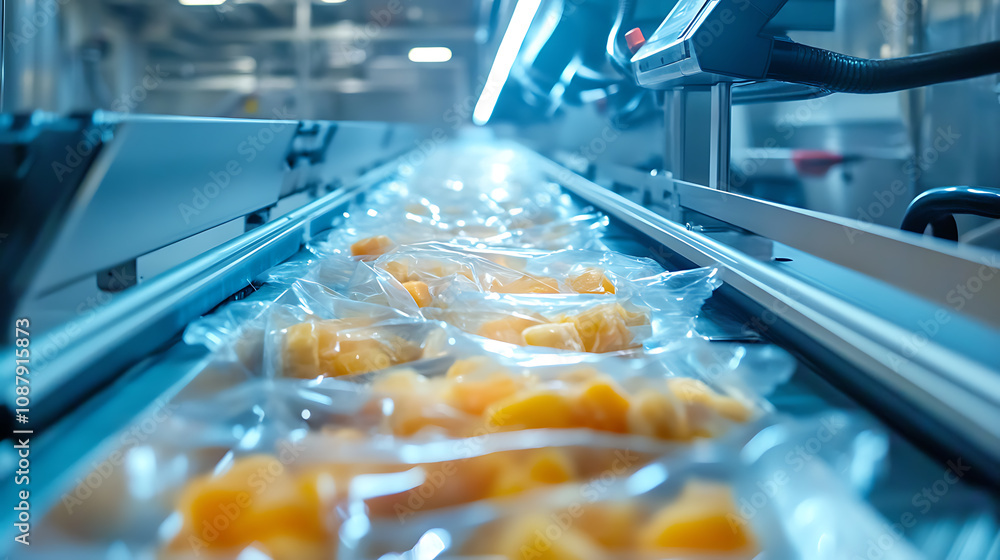 Poster an automated industrial machine for plastic packaging is shown under a light effect, focusing on the
