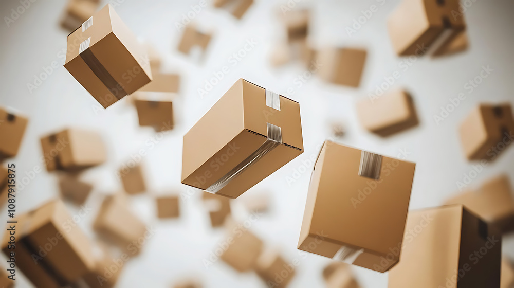 Poster an image of cardboard boxes depicted as if flying on a white background