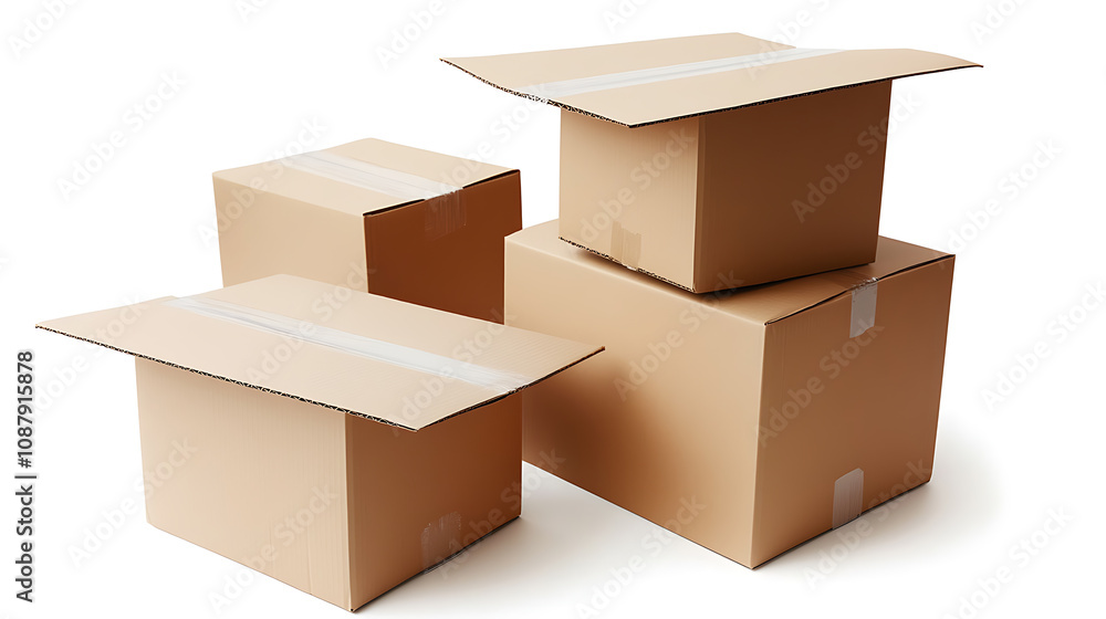 Poster an image of cardboard boxes depicted as if flying on a white background