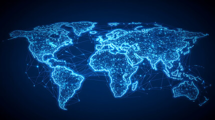 Abstract digital technology background with blue glowing hexagons and binary code, symbolizing the concept of global network connection