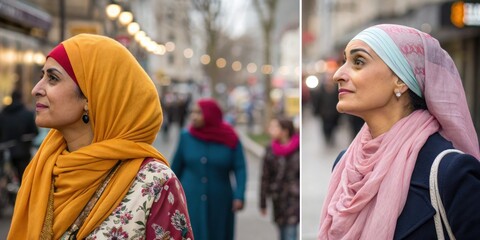 Obraz premium Collage of two photos showing a confident muslim businesswoman wearing traditional religious clothing walking down a busy city street
