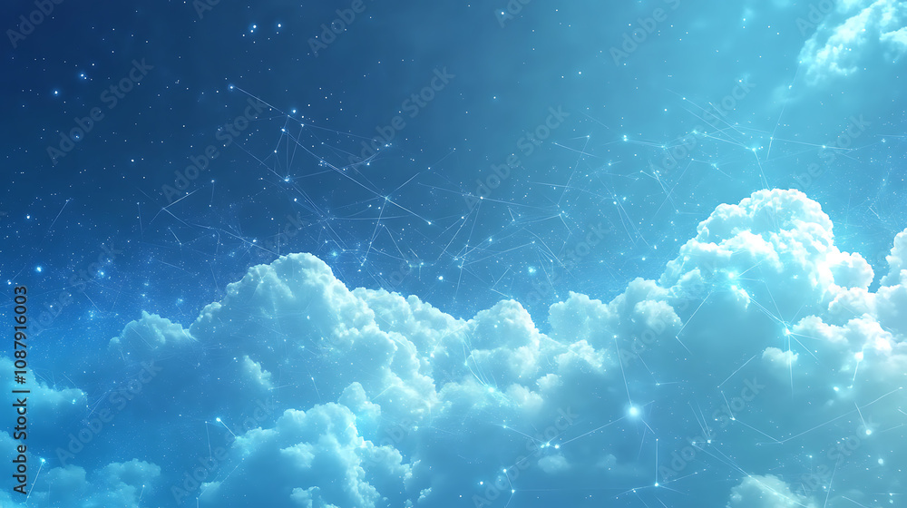 Poster abstract background with blue glowing lines and dots on dark blue, representing a data technology co