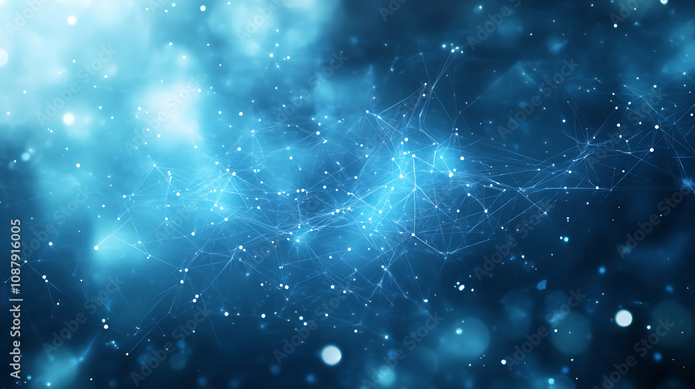 Poster abstract background with blue glowing lines and dots on dark blue, representing a data technology co