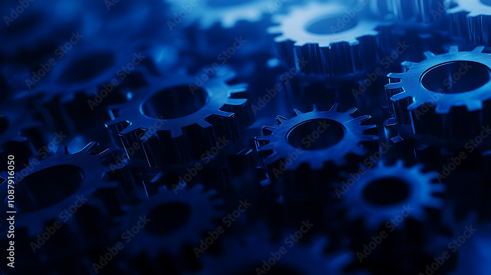 Poster blue gear faded outline on digital background with binary code and abstract tech elements for techno