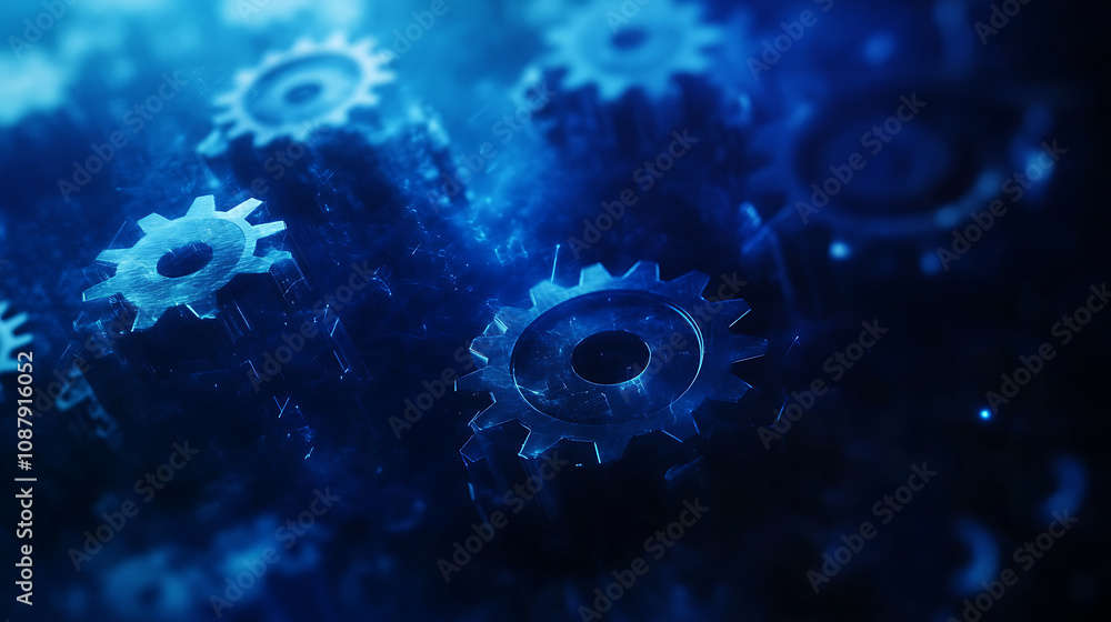 Poster blue gear faded outline on digital background with binary code and abstract tech elements for techno