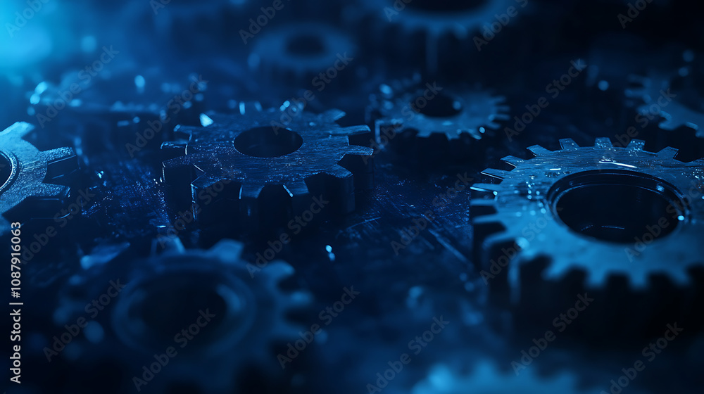 Poster blue gear faded outline on digital background with binary code and abstract tech elements for techno