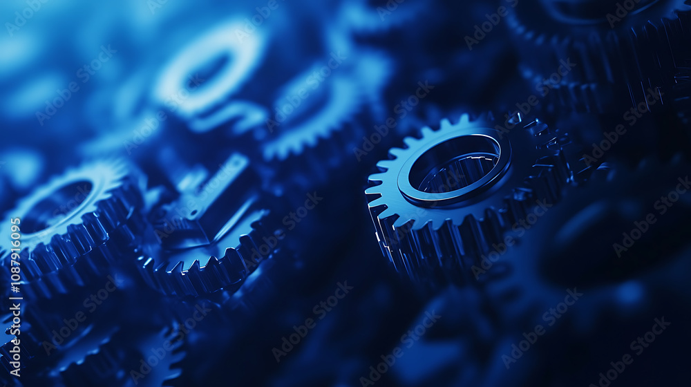 Poster blue gear faded outline on digital background with binary code and abstract tech elements for techno