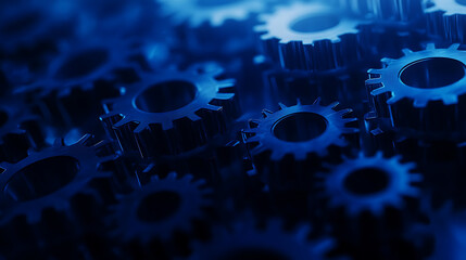 Blue gear faded outline on digital background with binary code and abstract tech elements for technology or machine concept