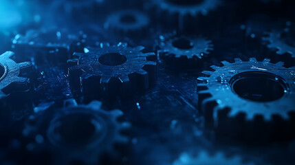 Blue gear faded outline on digital background with binary code and abstract tech elements for technology or machine concept