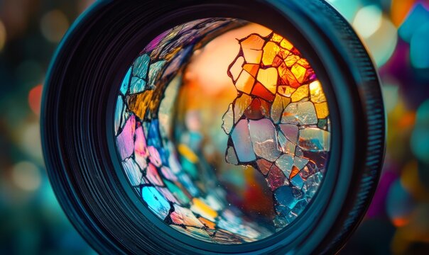 Photography A vintage camera lens capturing a world where everything is made of colorful glass
