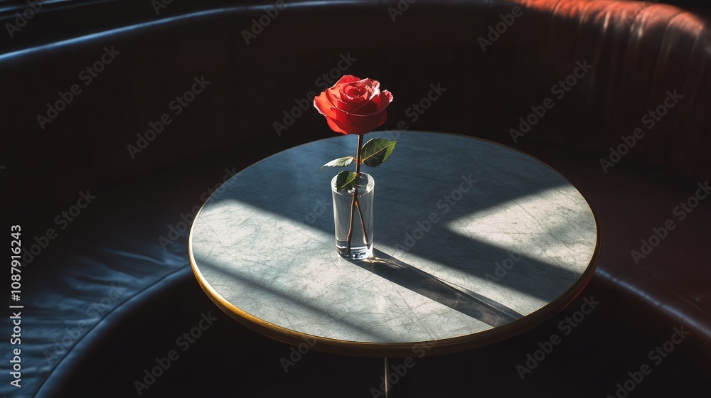 Poster a single red rose in a clear vase on a round table with soft natural light casting shadows in a cozy