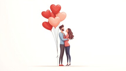 Happy couple with heart shaped balloons on white background. Valentine's Day celebration