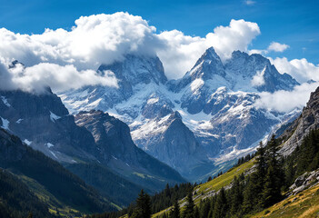 Fototapeta premium Towering Mountain Peaks with Snow-Capped Summits and Rolling Clouds