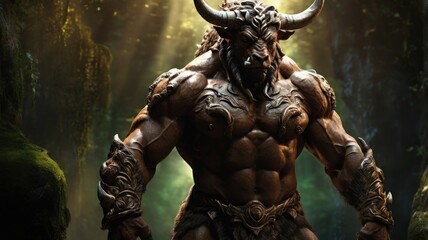 A powerful minotaur stands in a forest, illuminated by sunlight streaming through the trees.