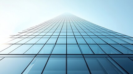 Low angle view of a tall glass skyscraper reaching towards a bright sky.
