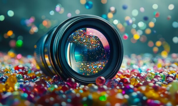 Photography A vintage camera lens capturing a world where everything is made of colorful glass